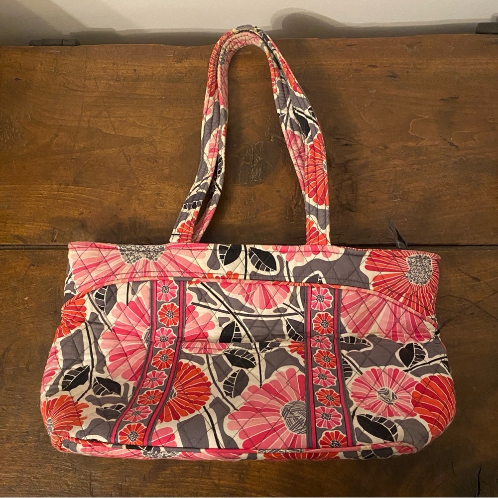 Vera Bradley pink red black grey quilted tote bag cherry blossom pattern purse